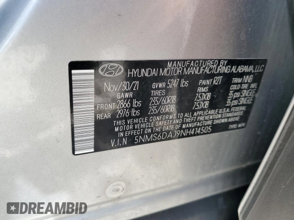 2022 Hyundai Santa Fe XRT with VIN 5NMS6DAJ9NH414505, listed as a Copart auction lot 48502875 with 65,235 mi miles and Non Repairable. Bid and sale history available at carsss.com. Image 13.