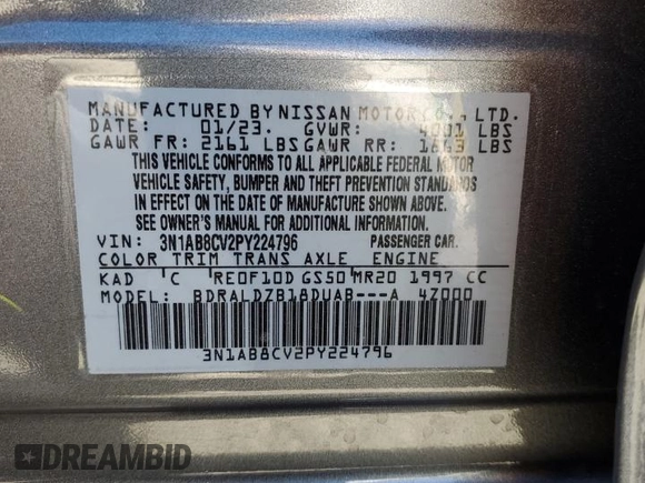 2023 Nissan Sentra SV with VIN 3N1AB8CV2PY224796, listed as a Copart auction lot 87129604 with 53,502 mi miles and Salvage Title. Bid and sale history available at carsss.com. Image 14.