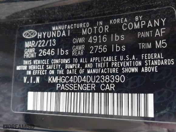 2013 Hyundai Genesis 3.8L with VIN KMHGC4DD4DU238390, listed as a IAAI auction lot 41850933 with 206,825 mi miles. Bid and sale history available at carsss.com. Image 9.