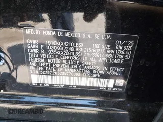 2025 Honda HR-V LX with VIN 3CZRZ2H32SM770069, listed as a IAAI auction lot 42176978 with 1,484 mi miles and . Bid and sale history available at DreamBid. Image 9.
