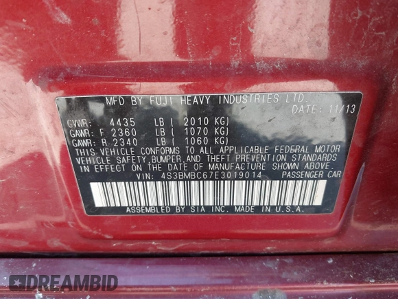 2014 Subaru Legacy Premium with VIN 4S3BMBC67E3019014, listed as a IAAI auction lot 42633398 with 218,236 mi miles and . Bid and sale history available at DreamBid. Image 9.