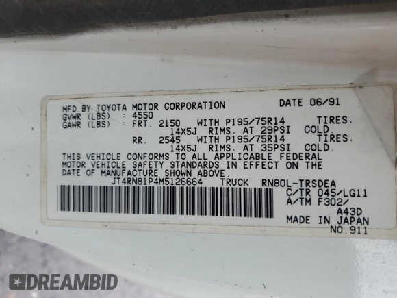 1991 Toyota Pickup DX с VIN JT4RN81P4M5126664, выставлен на аукционе Copart как лот 43876545 с пробегом 215 944 миль миль и Чистый • Clean title. История ставок и продаж доступна на DreamBid. Изображение 12.