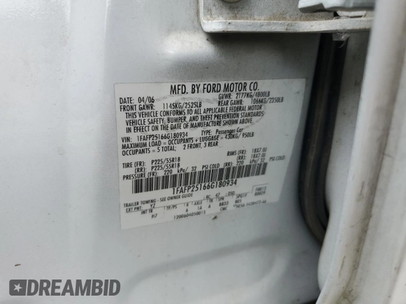 2006 Ford Five Hundred Limited with VIN 1FAFP25166G180934, listed as a Copart auction lot 56132444 with 130,192 mi miles and Salvage Title. Bid and sale history available at carsss.com. Image 13.