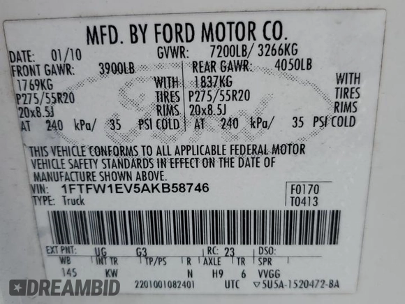 2010 Ford F-150 XL with VIN 1FTFW1EV5AKB58746, listed as a Copart auction lot 60144085 with Not provided miles and Salvage title. Bid and sale history available at DreamBid. Image 12.