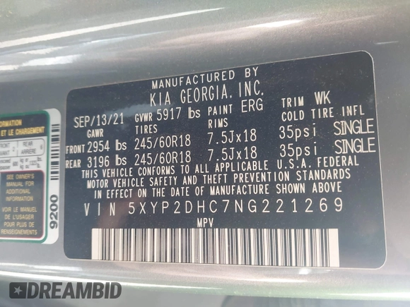 2022 Kia Telluride LX with VIN 5XYP2DHC7NG221269, listed as a IAAI auction lot 42045042 with 42,294 mi miles and . Bid and sale history available at DreamBid. Image 9.