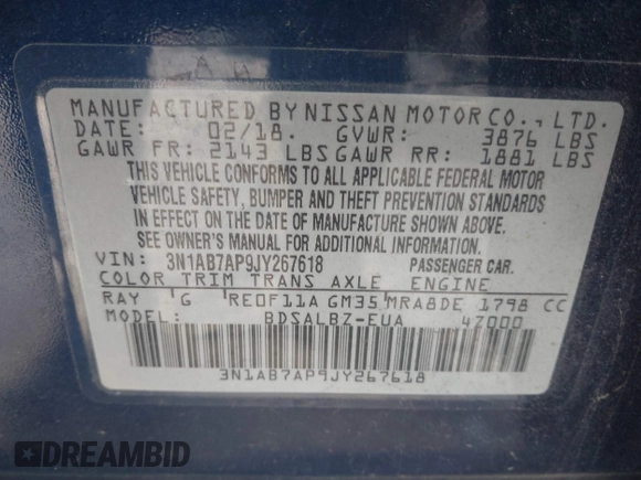 2018 Nissan Sentra SR with VIN 3N1AB7AP9JY267618, listed as a IAAI auction lot 41500867 with 119,544 mi miles and . Bid and sale history available at DreamBid. Image 9.