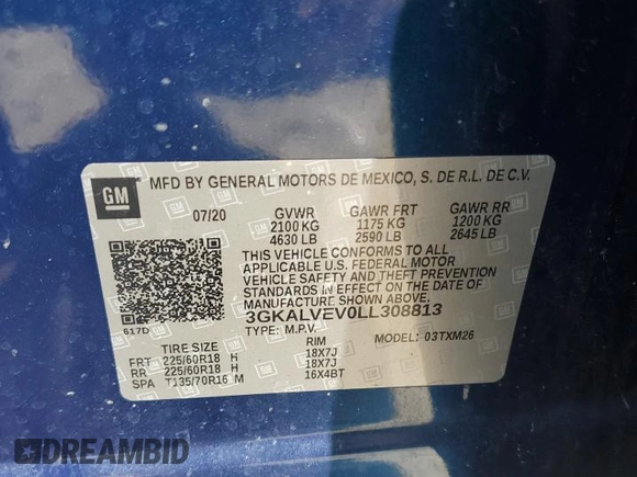 2020 GMC Terrain SLT with VIN 3GKALVEV0LL308813, listed as a Copart auction lot 58926985 with 77,826 mi miles and Salvage title. Bid and sale history available at DreamBid. Image 13.