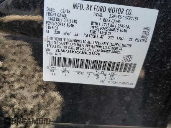 2018 Lincoln MKX Select with VIN 2LMPJ8KRXJBL31870, listed as a Copart auction lot 77413424 with 79,115 mi miles and Salvage Title. Bid and sale history available at carsss.com. Image 13.