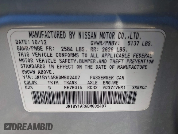 2013 Infiniti M z VIN JN1BY1AR6DM602407, wystawiony jako IAAI lot #41617455 z przebiegiem 99 195 mil mil oraz . Historia ofert i sprzedaży dostępna na DreamBid. Obrazek 9.