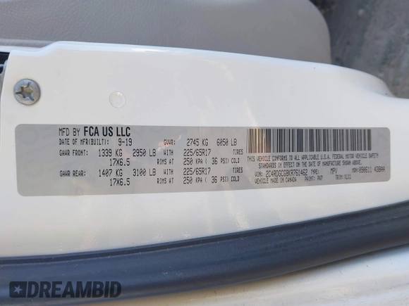 2019 Dodge Grand Caravan SXT with VIN 2C4RDGCG8KR761462, listed as a IAAI auction lot 41322097 with 132,110 mi miles. Bid and sale history available at carsss.com. Image 9.