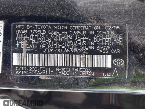 2008 Toyota Prius with VIN JTDKB20U683389920, listed as a IAAI auction lot 42223060 with 256,828 mi miles and . Bid and sale history available at DreamBid. Image 9.