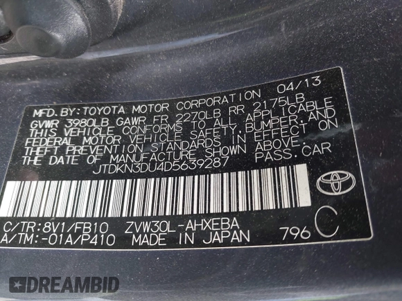 2013 Toyota Prius One with VIN JTDKN3DU4D5639287, listed as a IAAI auction lot 42130875 with 133,560 mi miles and . Bid and sale history available at DreamBid. Image 9.