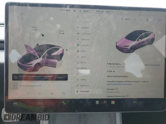 2025 Tesla Model 3 Long Range with VIN 5YJ3E1EA5SF918823, listed as a Copart auction lot 55966905 with 3,754 mi miles and Salvage title. Bid and sale history available at DreamBid. Image 9.