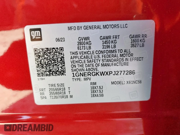 2023 Chevrolet Traverse LT Cloth with VIN 1GNERGKWXPJ277286, listed as a Copart auction lot 59326125 with 20,032 mi miles and Salvage title. Bid and sale history available at DreamBid. Image 13.