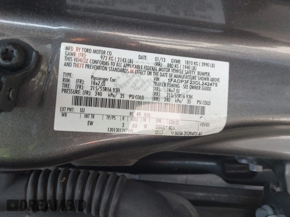 2013 Ford Focus SE with VIN 1FADP3F23DL242475, listed as a IAAI auction lot 42549898 with 155,646 mi miles and . Bid and sale history available at DreamBid. Image 9.