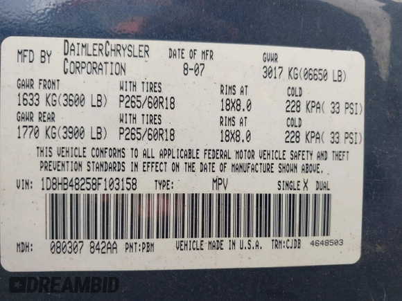 2008 Dodge Durango SLT z VIN 1D8HB48258F103158, wystawiony jako IAAI lot #42540084 z przebiegiem 232 125 mil mil oraz . Historia ofert i sprzedaży dostępna na DreamBid. Obrazek 9.