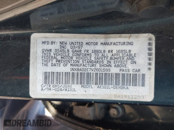 1997 Toyota Corolla with VIN 1NXBA02E7VZ601593, listed as a IAAI auction lot 42771723 with 247,823 mi miles and . Bid and sale history available at DreamBid. Image 9.