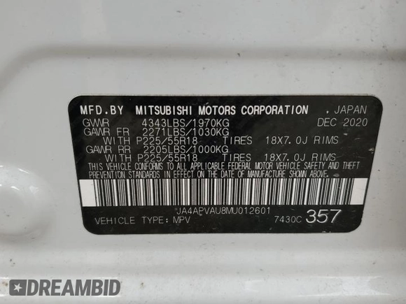 2021 Mitsubishi Outlander SE with VIN JA4APVAU8MU012601, listed as a Copart auction lot 52953635 with 71,938 mi miles and Salvage title. Bid and sale history available at DreamBid. Image 14.