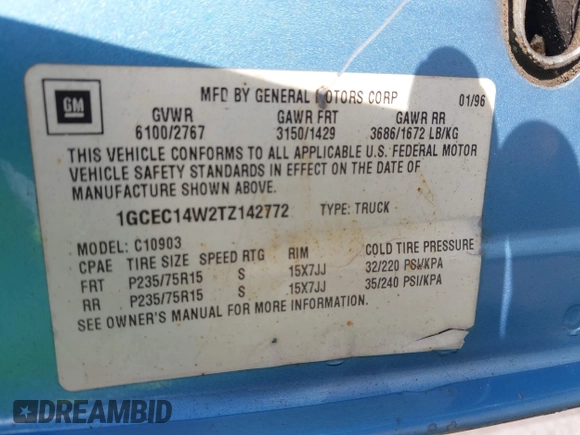1996 Chevrolet Silverado 1500 with VIN 1GCEC14W2TZ142772, listed as a IAAI auction lot 41986326 with 249,738 mi miles and . Bid and sale history available at DreamBid. Image 9.