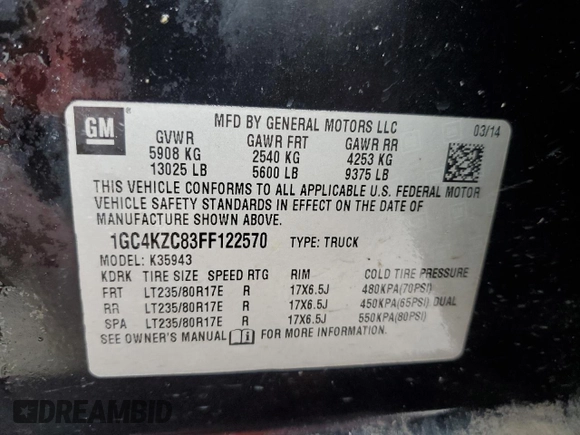 2015 Chevrolet Silverado 3500HD LT with VIN 1GC4KZC83FF122570, listed as a Copart auction lot 85655754 with 302,801 mi miles and Salvage Title. Bid and sale history available at carsss.com. Image 12.