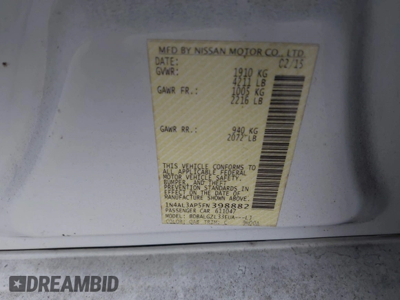 2015 Nissan Altima S with VIN 1N4AL3AP5FN398882, listed as a IAAI auction lot 41084306 with 218,977 mi miles and . Bid and sale history available at DreamBid. Image 9.