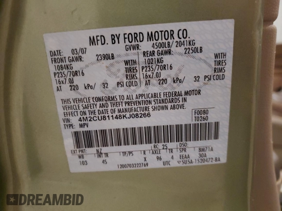 2008 Mercury Mariner with VIN 4M2CU81148KJ08266, listed as a Copart auction lot 87302494 with Not provided miles and Non repairable. Bid and sale history available at DreamBid. Image 13.