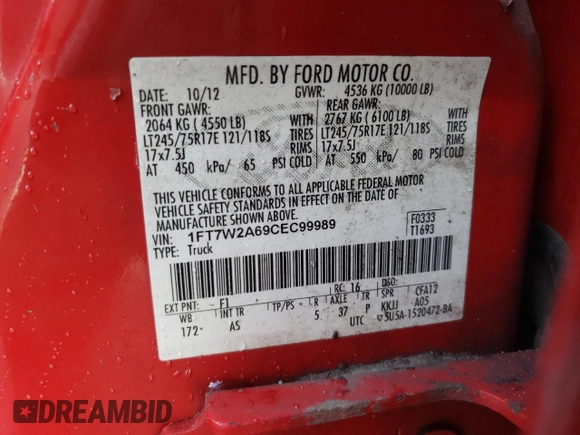 2012 Ford F-250 XL z VIN 1FT7W2A69CEC99989, wystawiony jako Copart lot #80290924 z przebiegiem Nie podano mil oraz Szkoda całkowita • Salvage title. Historia ofert i sprzedaży dostępna na DreamBid. Obrazek 12.