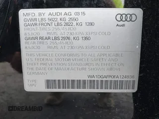 2015 Audi Q5 Premium Plus with VIN WA1DGAFP0FA124936, listed as a IAAI auction lot 40506289 with 38,134 mi miles. Bid and sale history available at carsss.com. Image 9.