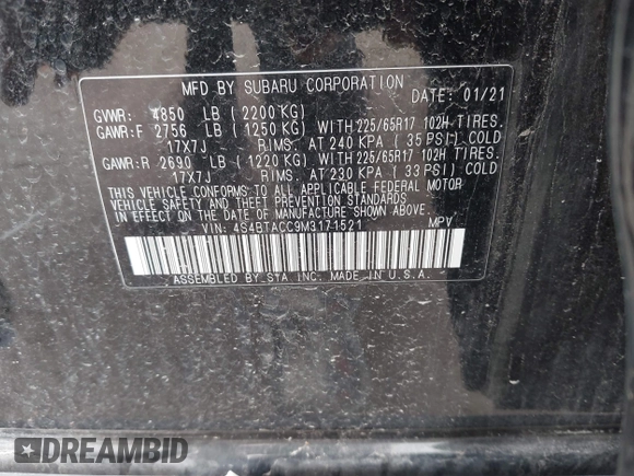 2021 Subaru Outback Premium with VIN 4S4BTACC9M3171521, listed as a IAAI auction lot 42202431 with 100,278 mi miles and . Bid and sale history available at DreamBid. Image 9.