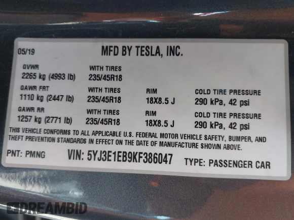 2019 Tesla Model 3 Long Range with VIN 5YJ3E1EB9KF386047, listed as a IAAI auction lot 42215362 with 41,246 mi miles and . Bid and sale history available at DreamBid. Image 9.