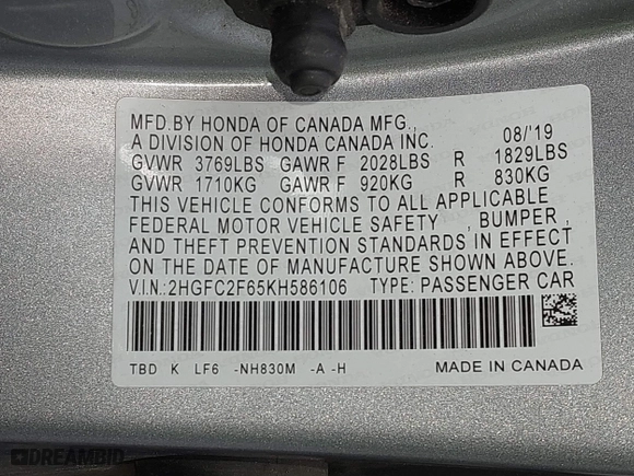 2019 Honda Civic Sedan LX with VIN 2HGFC2F65KH586106, listed as a IAAI auction lot 40486735 with 82,714 mi miles. Bid and sale history available at carsss.com. Image 9.