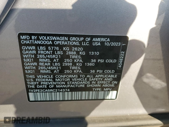2024 Volkswagen Atlas SEL Premium R-Line с VIN 1V2FE2CA5RC214374, выставлен на аукционе Copart как лот 43290865 с пробегом 20 393 миль миль и Списание • Salvage title. История ставок и продаж доступна на DreamBid. Изображение 13.