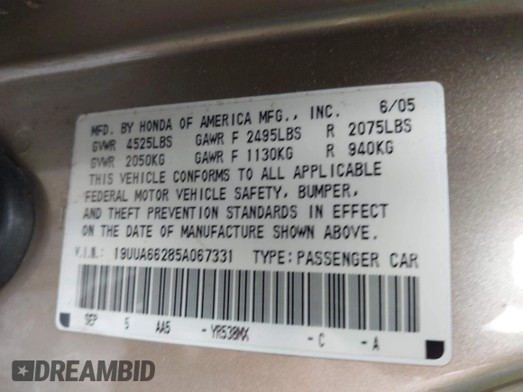 2005 Acura TL with VIN 19UUA66285A067331, listed as a IAAI auction lot 41935617 with 204,935 mi miles. Bid and sale history available at carsss.com. Image 9.