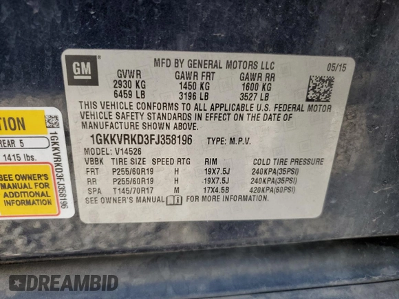 2015 GMC Acadia SLT with VIN 1GKKVRKD3FJ358196, listed as a Copart auction lot 52337295 with 108,328 mi miles and Salvage Title. Bid and sale history available at carsss.com. Image 15.