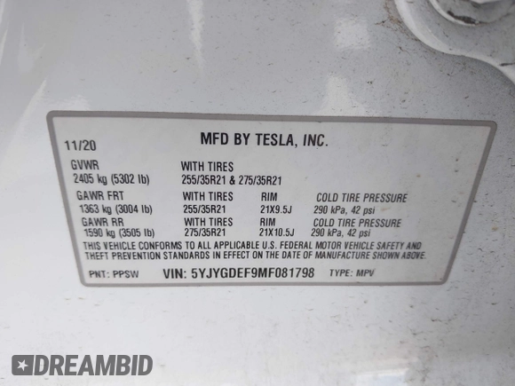 2021 Tesla Model Y Performance with VIN 5YJYGDEF9MF081798, listed as a IAAI auction lot 42033358 with 64,679 mi miles and . Bid and sale history available at DreamBid. Image 9.