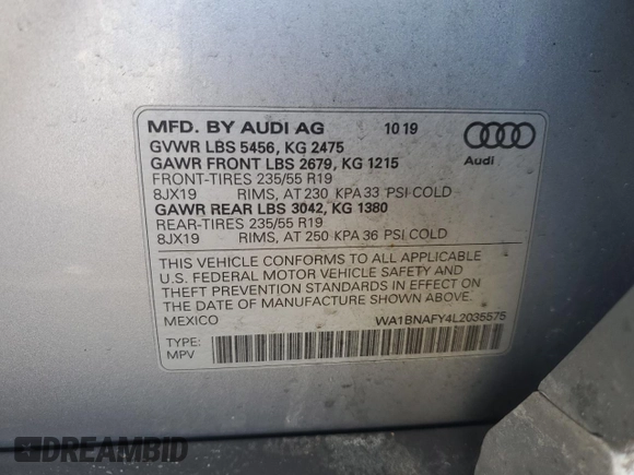 2020 Audi Q5 Premium Plus with VIN WA1BNAFY4L2035575, listed as a Copart auction lot 47128905 with 104,920 mi miles and Salvage Title. Bid and sale history available at carsss.com. Image 15.