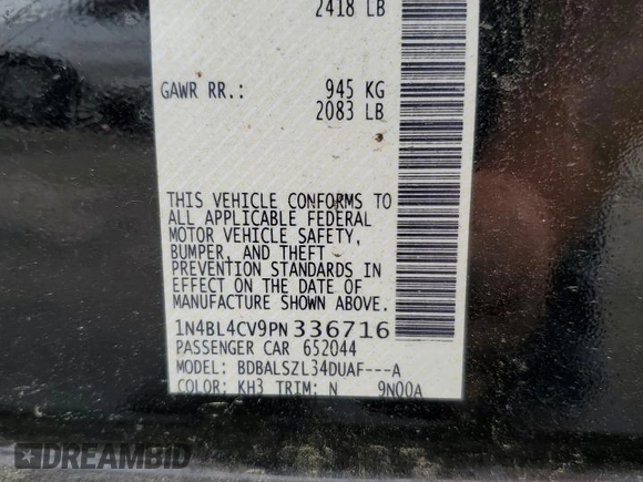 2023 Nissan Altima SR z VIN 1N4BL4CV9PN336716, wystawiony jako Copart lot #56193555 z przebiegiem 39 877 mil mil oraz Szkoda całkowita • Salvage title. Historia ofert i sprzedaży dostępna na DreamBid. Obrazek 12.