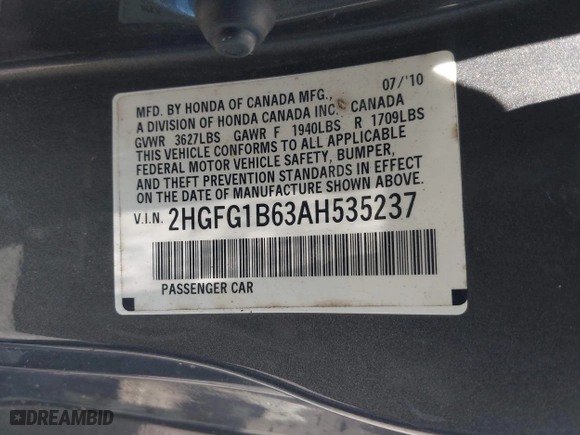 2010 Honda Civic Cpe LX with VIN 2HGFG1B63AH535237, listed as a IAAI auction lot 42070132 with 190,944 mi miles. Bid and sale history available at carsss.com. Image 9.