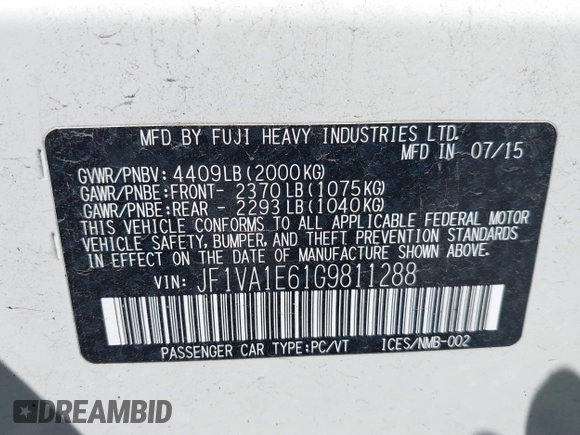 2016 Subaru WRX Premium with VIN JF1VA1E61G9811288, listed as a IAAI auction lot 42018179 with 136,598 mi miles and . Bid and sale history available at DreamBid. Image 9.