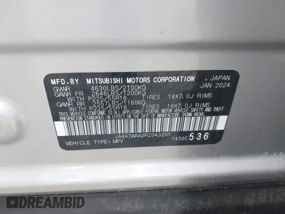 2024 Mitsubishi Eclipse Cross SE with VIN JA4ATWAA2RZ043201, listed as a IAAI auction lot 42103586 with 24,968 mi miles and . Bid and sale history available at DreamBid. Image 9.