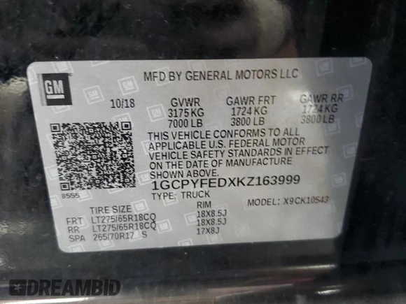 2019 Chevrolet Silverado 1500 LT Trail Boss with VIN 1GCPYFEDXKZ163999, listed as a Copart auction lot 52456855 with 81,804 mi miles and Salvage Title. Bid and sale history available at DreamBid. Image 12.