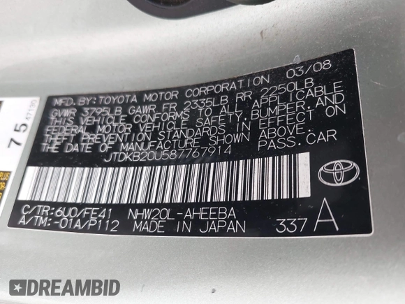 2008 Toyota Prius with VIN JTDKB20U587767914, listed as a IAAI auction lot 42624097 with 239,364 mi miles and . Bid and sale history available at DreamBid. Image 9.