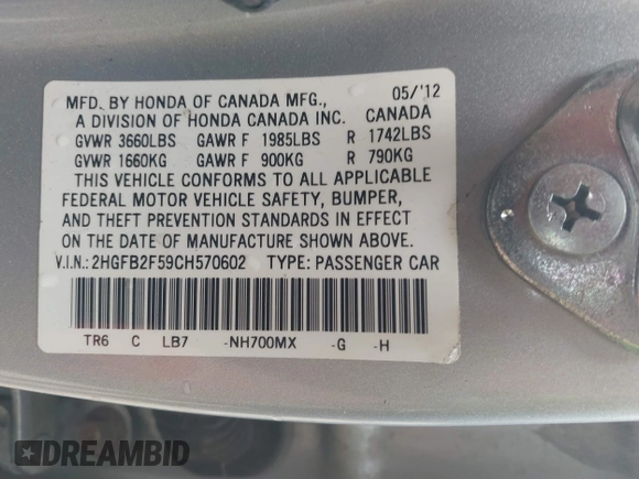 2012 Honda Civic LX with VIN 2HGFB2F59CH570602, listed as a IAAI auction lot 42241041 with 134,134 mi miles and . Bid and sale history available at DreamBid. Image 9.