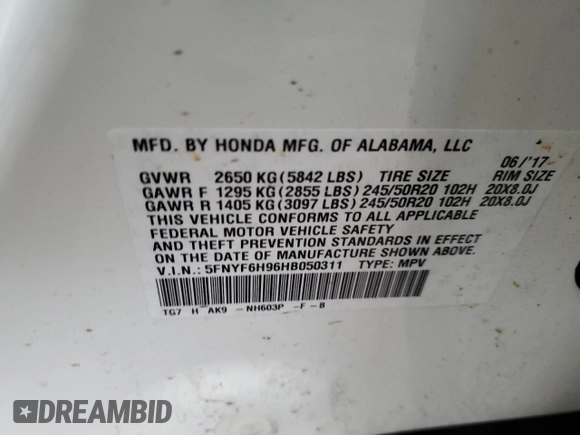 2017 Honda Pilot Touring with VIN 5FNYF6H96HB050311, listed as a Copart auction lot 80717244 with 88,696 mi miles and Salvage Title. Bid and sale history available at carsss.com. Image 15.