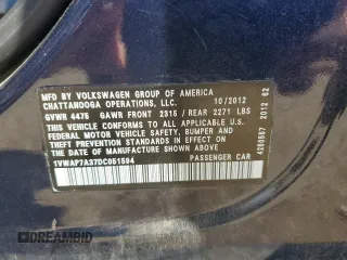 2013 Volkswagen Passat Wolfsburg Edition с VIN 1VWAP7A37DC051594, выставлен на аукционе Copart как лот 55253775 с пробегом 177 585 миль миль и Списание • Salvage title. История ставок и продаж доступна на DreamBid. Изображение 12.