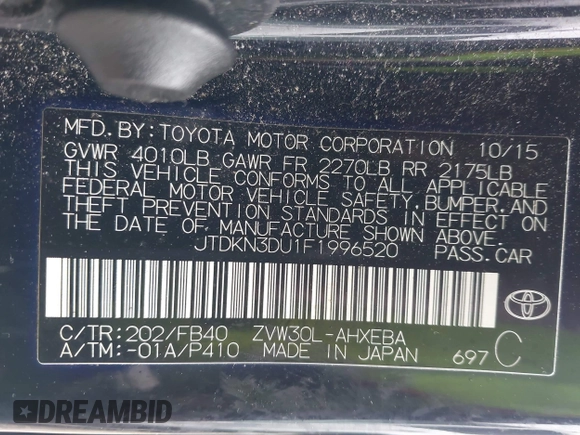 2015 Toyota Prius Four with VIN JTDKN3DU1F1996520, listed as a IAAI auction lot 41564249 with 194,433 mi miles and . Bid and sale history available at DreamBid. Image 9.