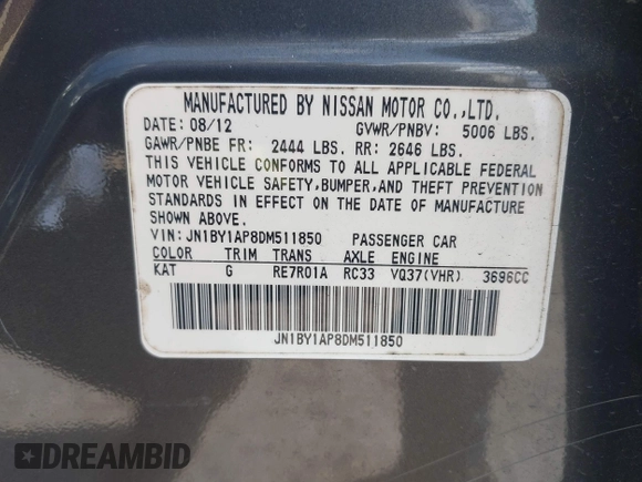 2013 Infiniti M37 with VIN JN1BY1AP8DM511850, listed as a IAAI auction lot 42063120 with 111,545 mi miles. Bid and sale history available at carsss.com. Image 9.
