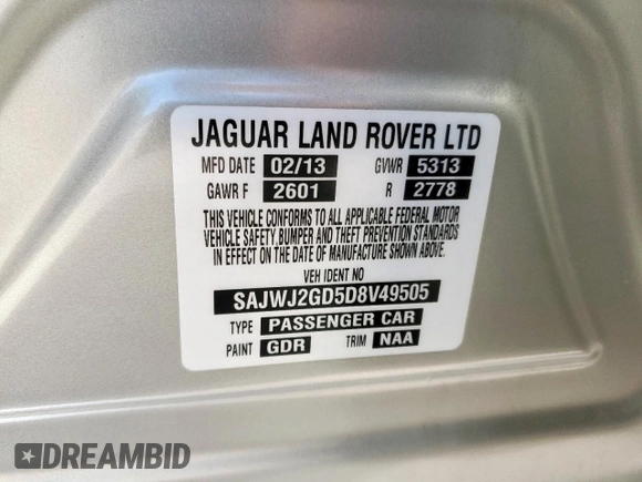 2013 Jaguar XJ Portfolio with VIN SAJWJ2GD5D8V49505, listed as a Copart auction lot 61171955 with 129,158 mi miles and Salvage title. Bid and sale history available at DreamBid. Image 13.