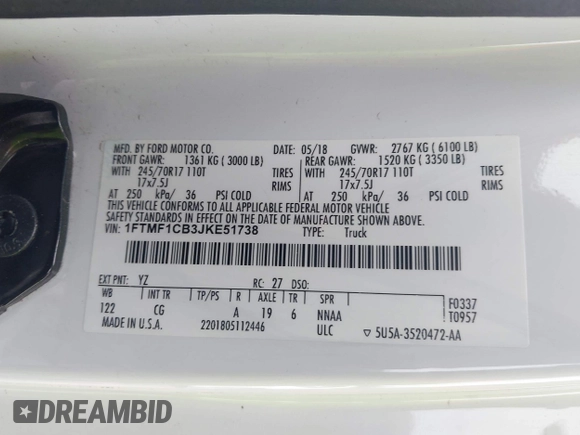 2018 Ford F-150 XL with VIN 1FTMF1CB3JKE51738, listed as a IAAI auction lot 42387561 with 110,951 mi miles and . Bid and sale history available at DreamBid. Image 9.