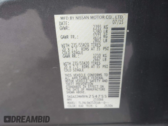 2015 Nissan Murano SL with VIN 5N1AZ2MH9FN254755, listed as a IAAI auction lot 42030540 with 44,135 mi miles and . Bid and sale history available at DreamBid. Image 9.
